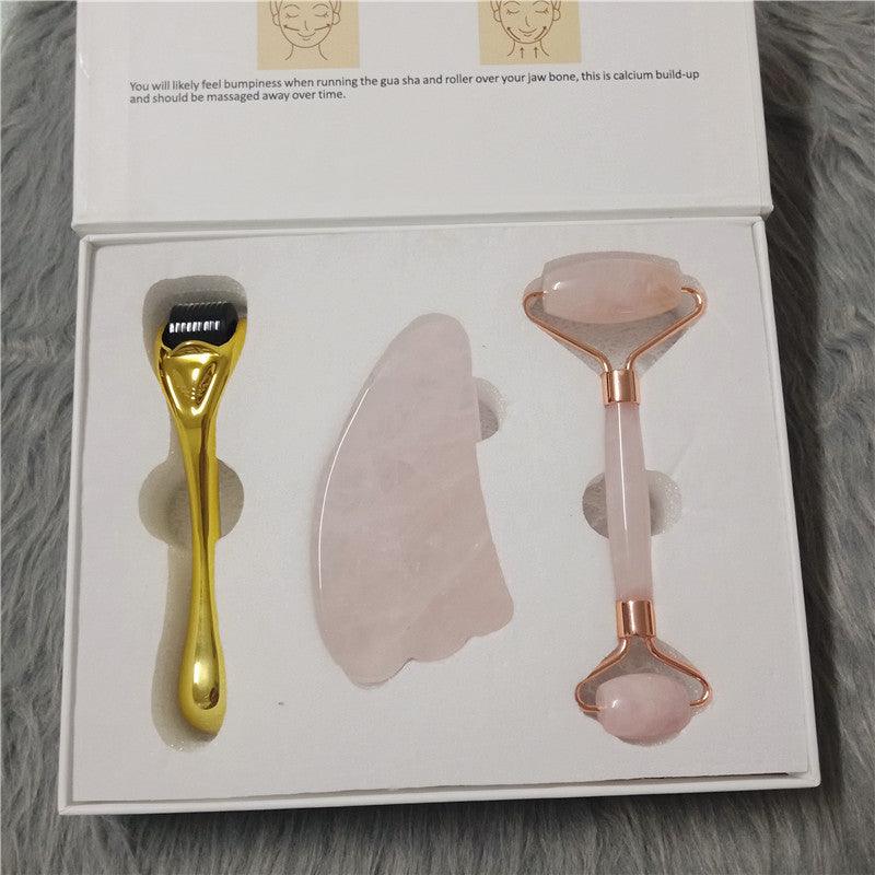 Anti-Wrinkle and Firming Facial Massage Set - Rose Quartz, Gua Sha and Dermaroller