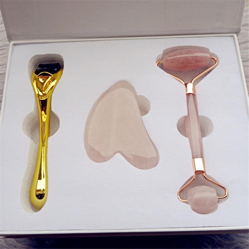 Anti-Wrinkle and Firming Facial Massage Set - Rose Quartz, Gua Sha and Dermaroller